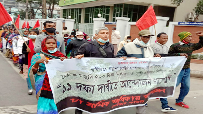 চা শ্রমিক অধিকার আন্দোলন ঘোষিত ১১ দফা দাবীতে মিছিল-সমাবেশ