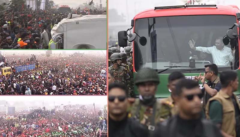 জনতার ভিড় ঠেলে সংবর্ধনা মঞ্চের কাছাকাছি তারেক রহমান