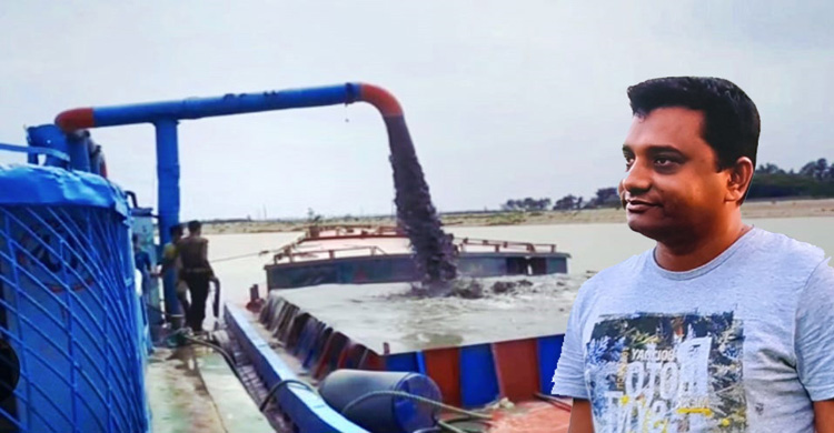 শাল্লায় কালনী নদী থেকে আওয়ামী লীগের ঠিকাদার হাবিবের অবৈধ বালু উত্তোলন
